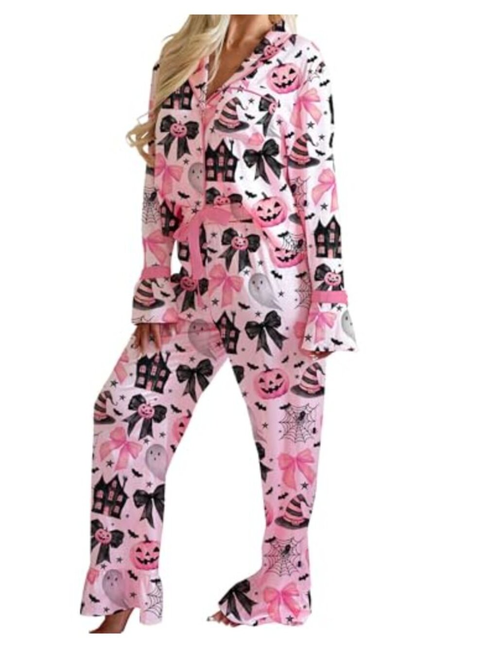 Women's Halloween Satin Pajama Set Ghost Pumpkin Button Down Long Sleeve